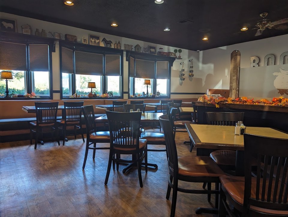 Warm dining room with country-style decor.