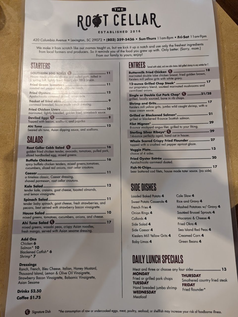 Printed menu featuring comfort food and wine.